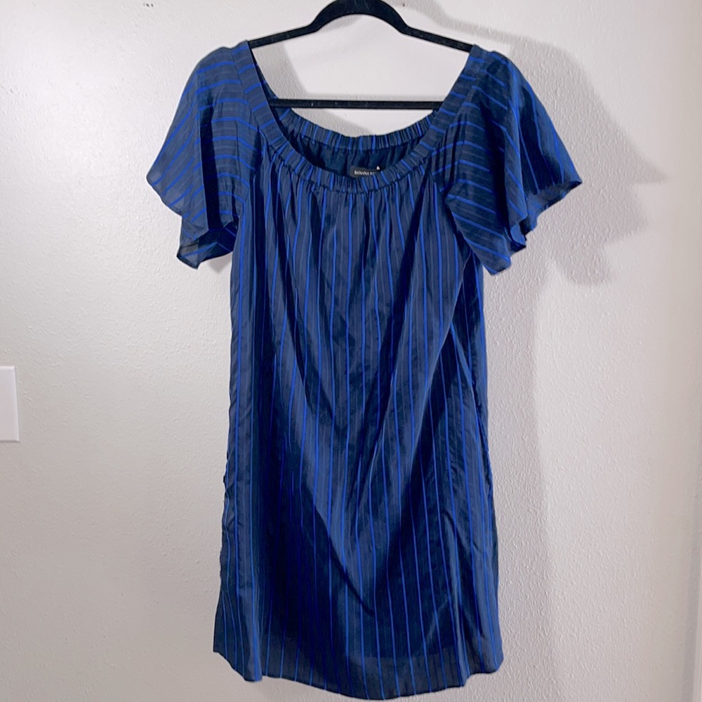 Banana Republic Blue Stripe Off the shoulder shirt sleeve Mini dress.